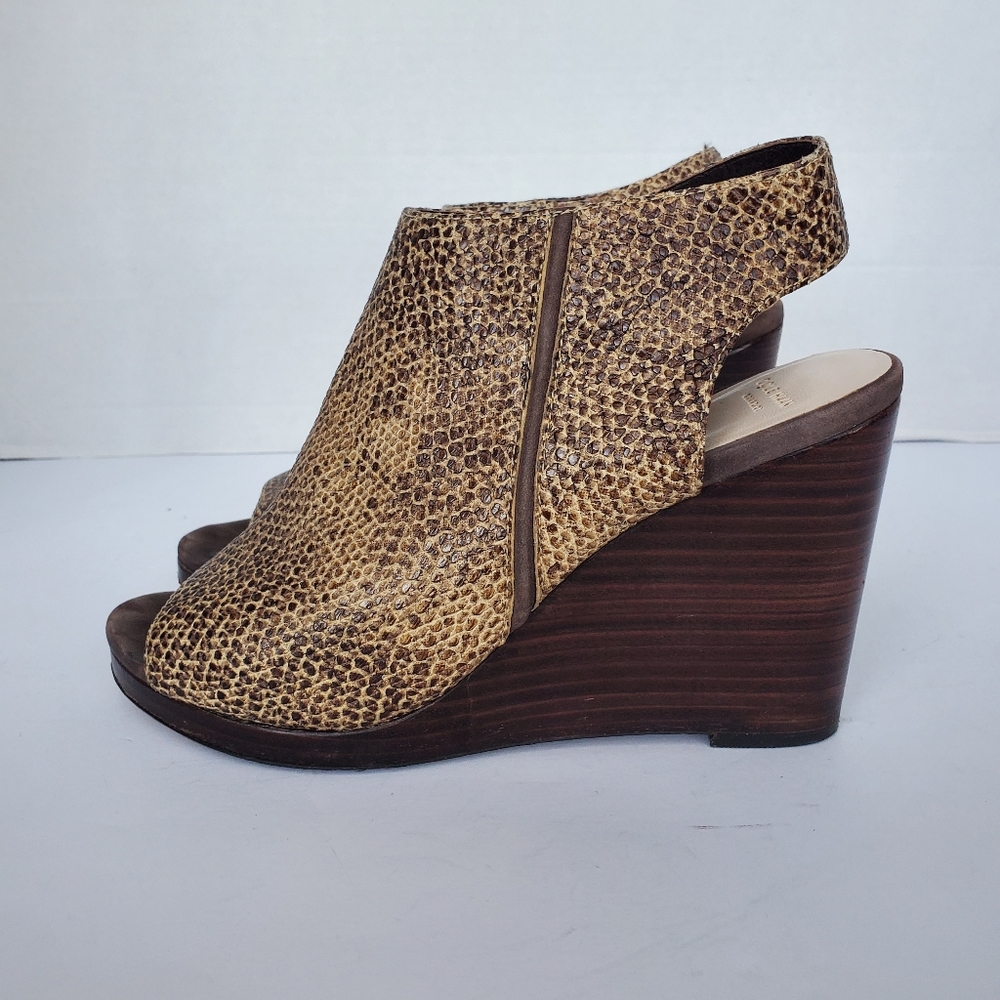 COLE HAAN Brown Snake Leather Peep Toe Bootie Wedge size 8.5 - Picture 4 of 16